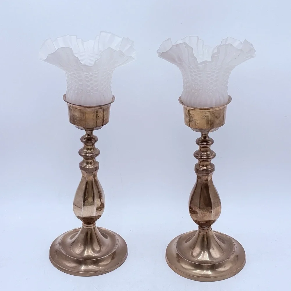 Vintage Brass Hurricane Candlesticks Pair Hobnail Milk Glass Shades 14